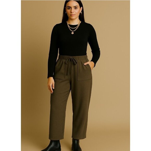 Moia wool blend pants womens brown drawstring elastic waist pockets Korean style